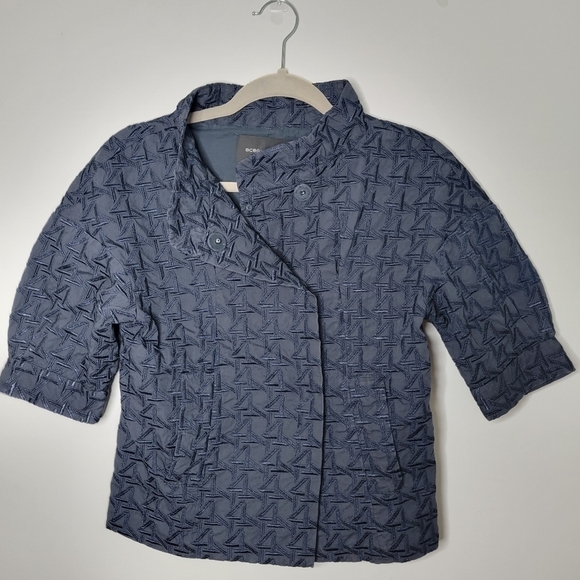 BCBG MAXAZRIA XXS Navy Blue Embroidered High Collar Button Up Shirt - Picture 2 of 10